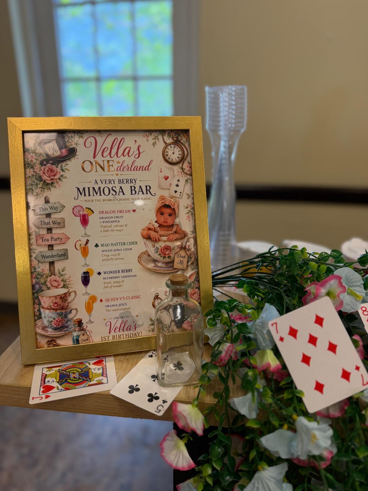 Custom Alice in Wonderland mimosa menu